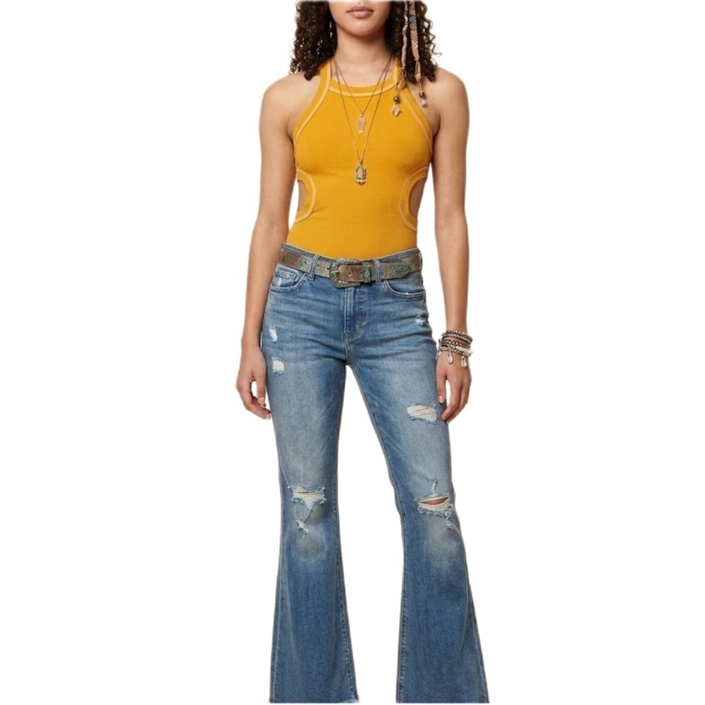 Boho Mustard Cut Out Tank Top Casual Warm Weather Top Size Large - Picture 2 of 6